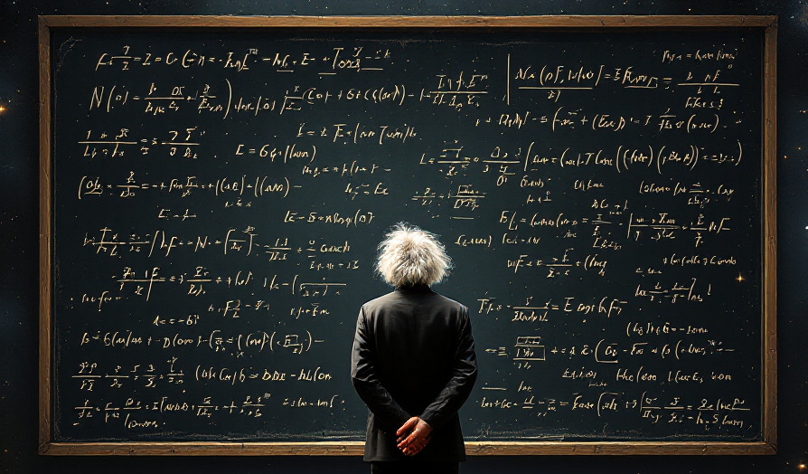 An AI generated image of Einstein before a black board full of equations from general relativity