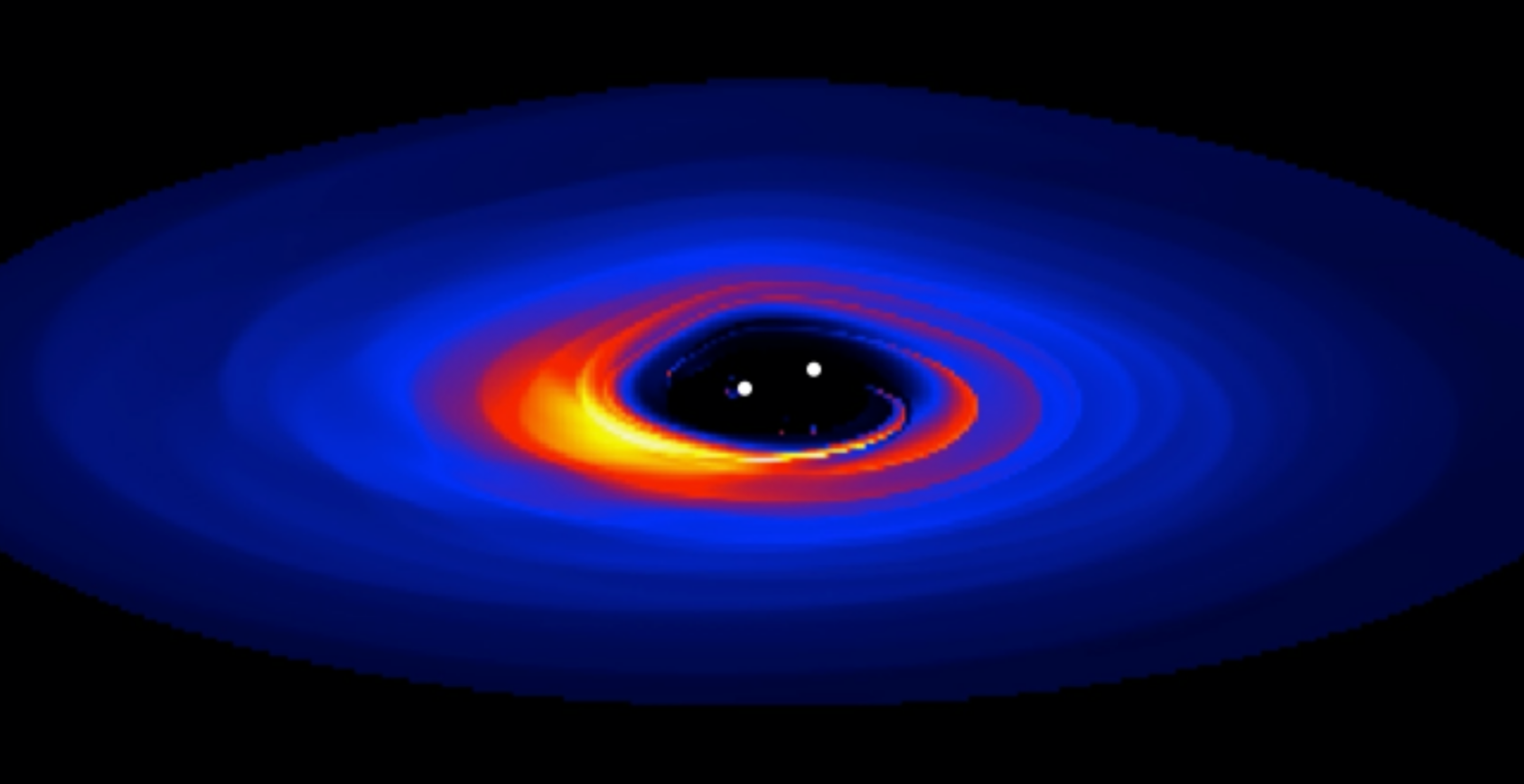 View of a simulation of two collapsing black holes with a surrounding disk