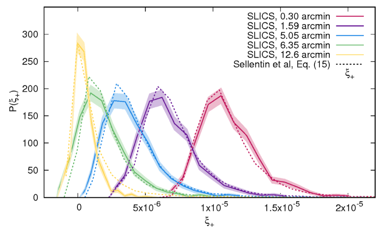 A figure showing different colour-coded curves about marginal distributions of weak lensing